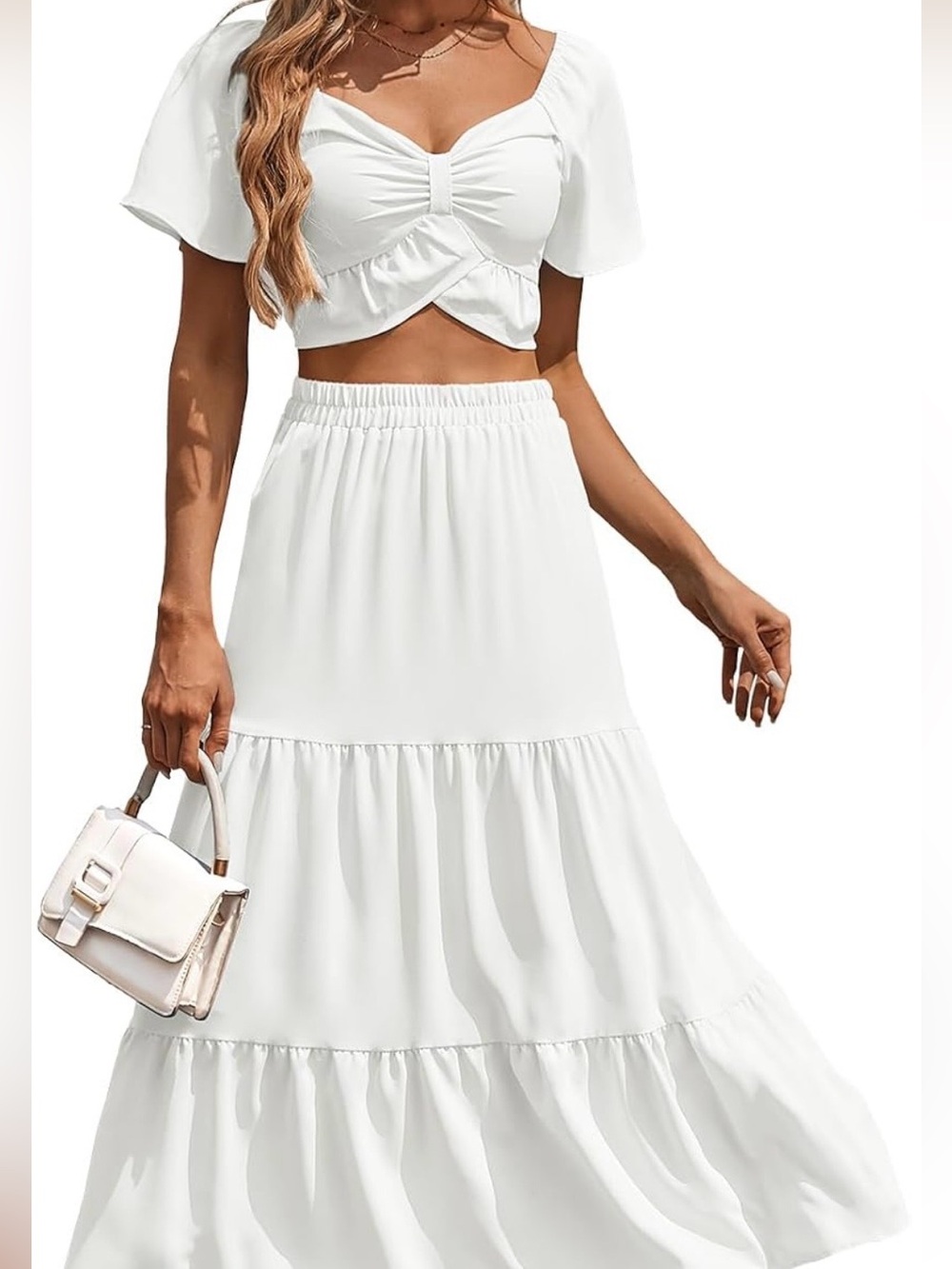 White Tiered Maxi Skirt & crop top- Women